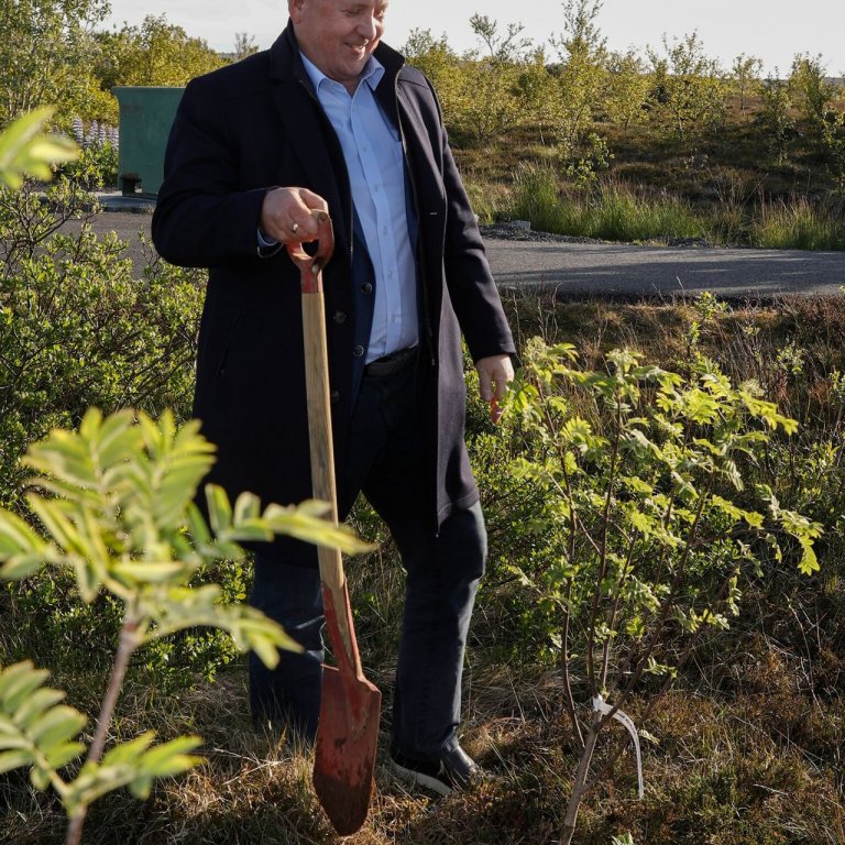 Stórsír íslensku Oddfellowreglunnar Guðmundur Eiríksson tekur til hendinni og gróðursetur tré fyrir …